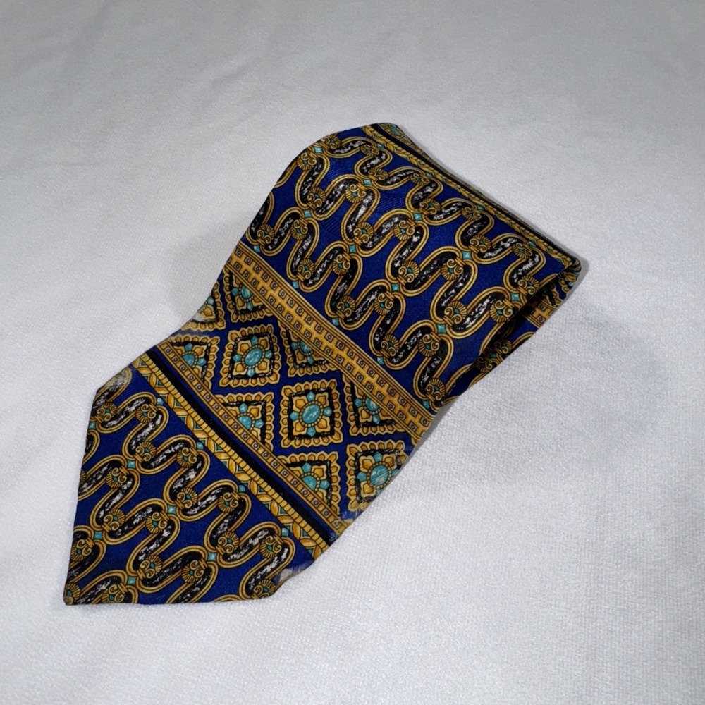 Bruno Piattelli NeckTie Italian Pure Silk Yellow Blue Luxury‎ Baroque Print Tie